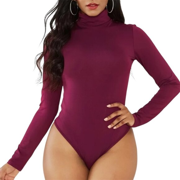 Victoria's Secret Tops - Victoria's Secret Dark Plum Satin Long Sleeve High Neck Bodysuit